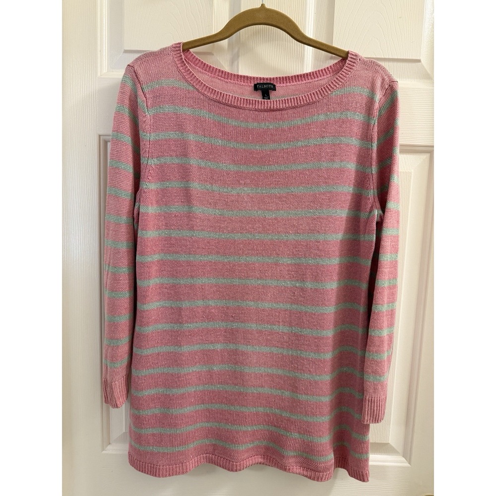 Talbots Women's L Pink/Green Striped Linen Knit Crew Neck Long Sleeve Pullover